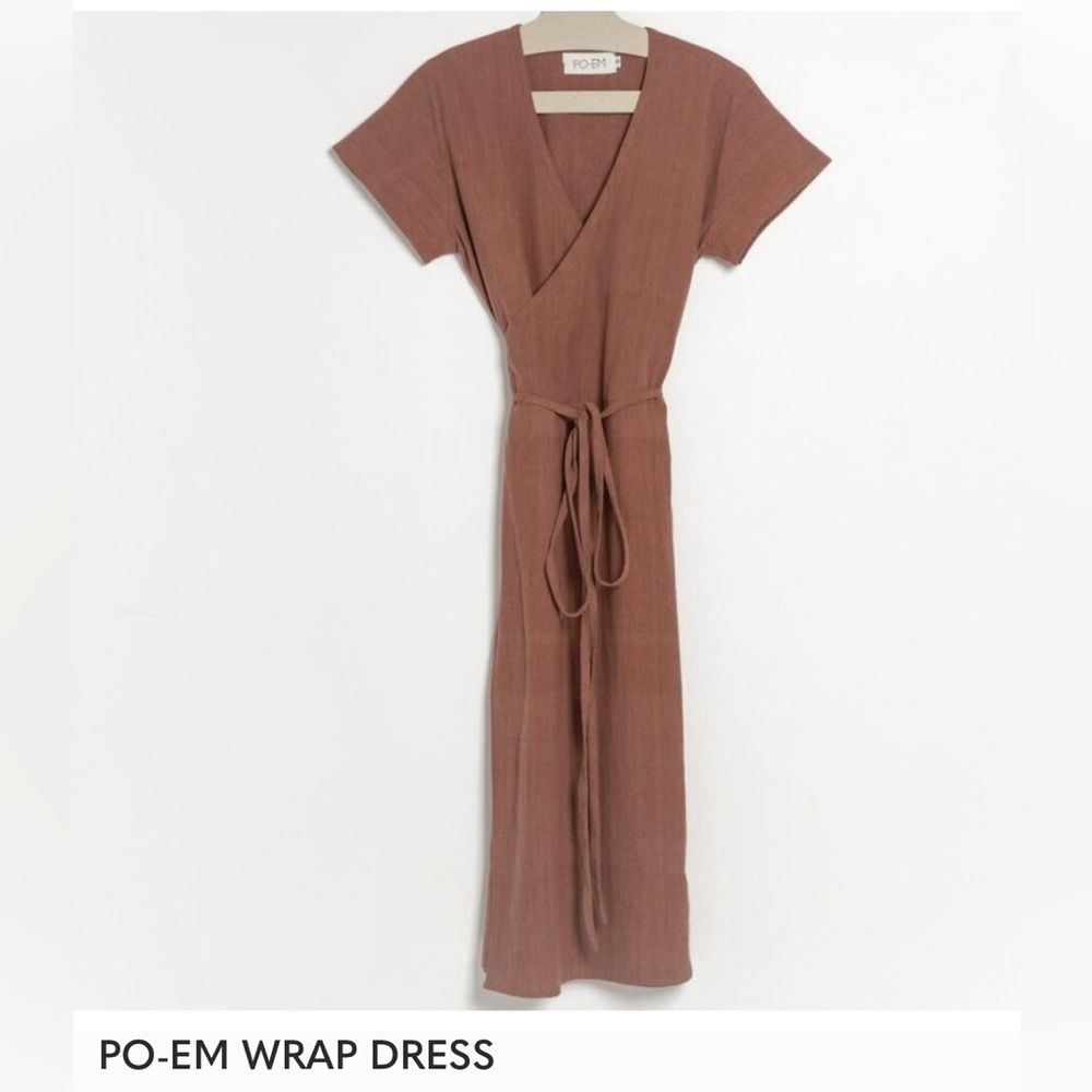Brown Short Sleeve Wrap Po-em Dress
